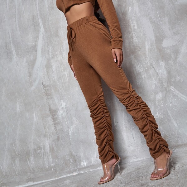 

Tie Front Stacked Sweatpants, Coffee brown