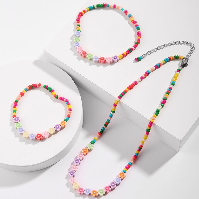 

3pcs Flower Decor Beaded Jewelry Set, Multicolor