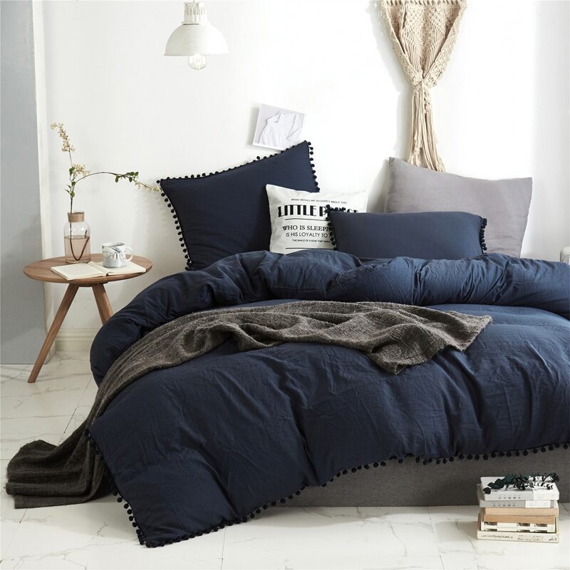 

Pom Pom Decor Bedding Set Without Filler, Navy blue