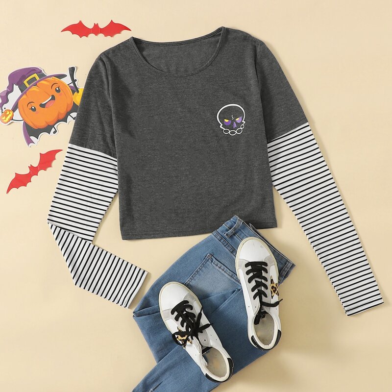 

Cartoon Graphic Striped Sleeve Crop Tee, Multicolor