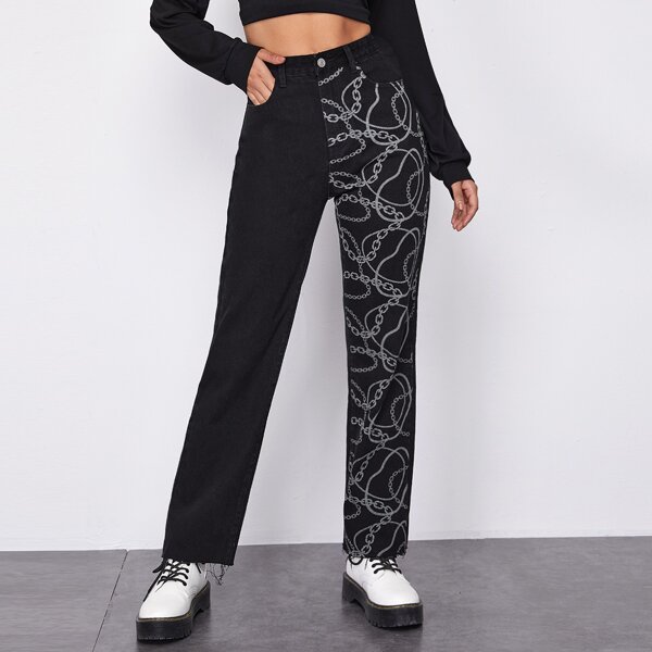 

Chain Print Raw Hem Straight Jeans, Black