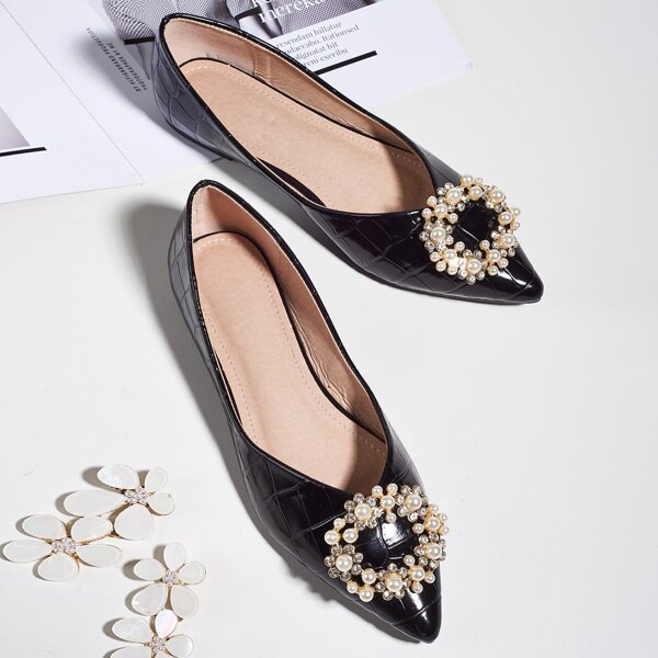

Faux Pearl Decor Croc Embossed Flats, Black