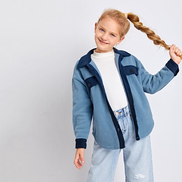 

Girls Flap Detail Button Up Fleece Jacket, Dusty blue