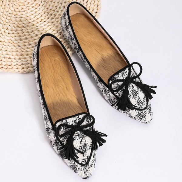 

Bow Decor Tweed Loafers, Black and white