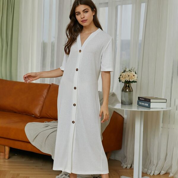 

V-neck Button Front Rib-knit Lounge Dress, White