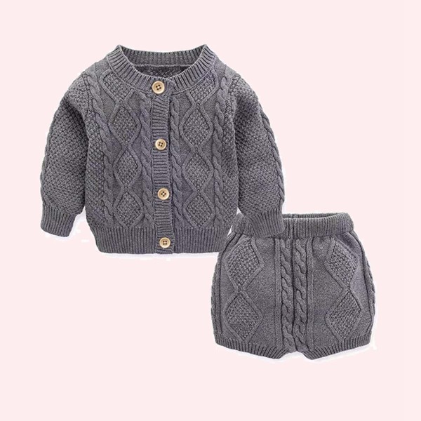 

Toddler Girls Cable Knit Button Front Cardigan With Knit Shorts, Dark grey