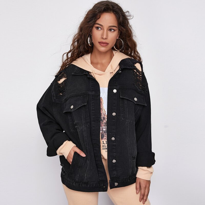 

Drop Shoulder Ripped Oversized Denim Jacket, Black