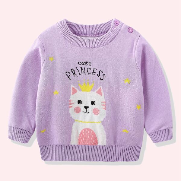 

Toddler Girls Slogan And Cat Pattern Round Neck Sweater, Lilac purple