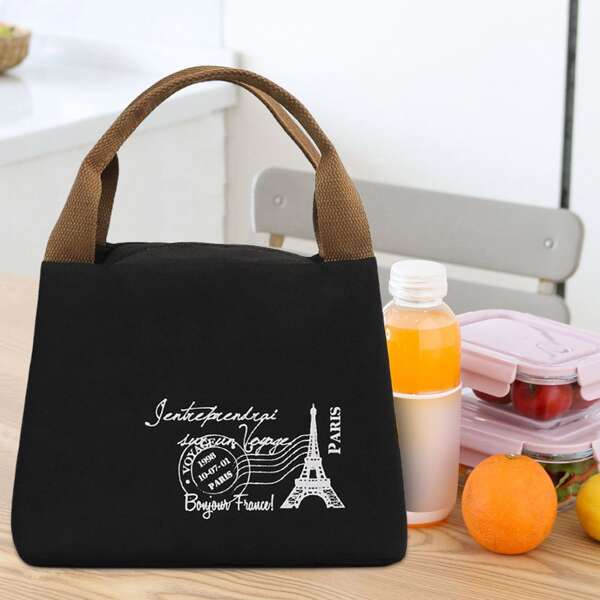 

1pc Letter Graphic Lunch Insulation Bag, Black