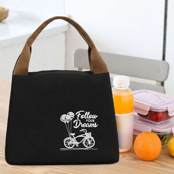 

1pc Letter Graphic Lunch Insulation Bag, Black