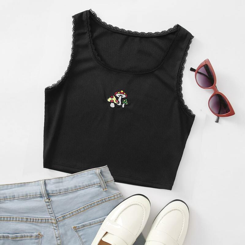 

Mushroom Embroidery Contrast Lace Tank Top, Black