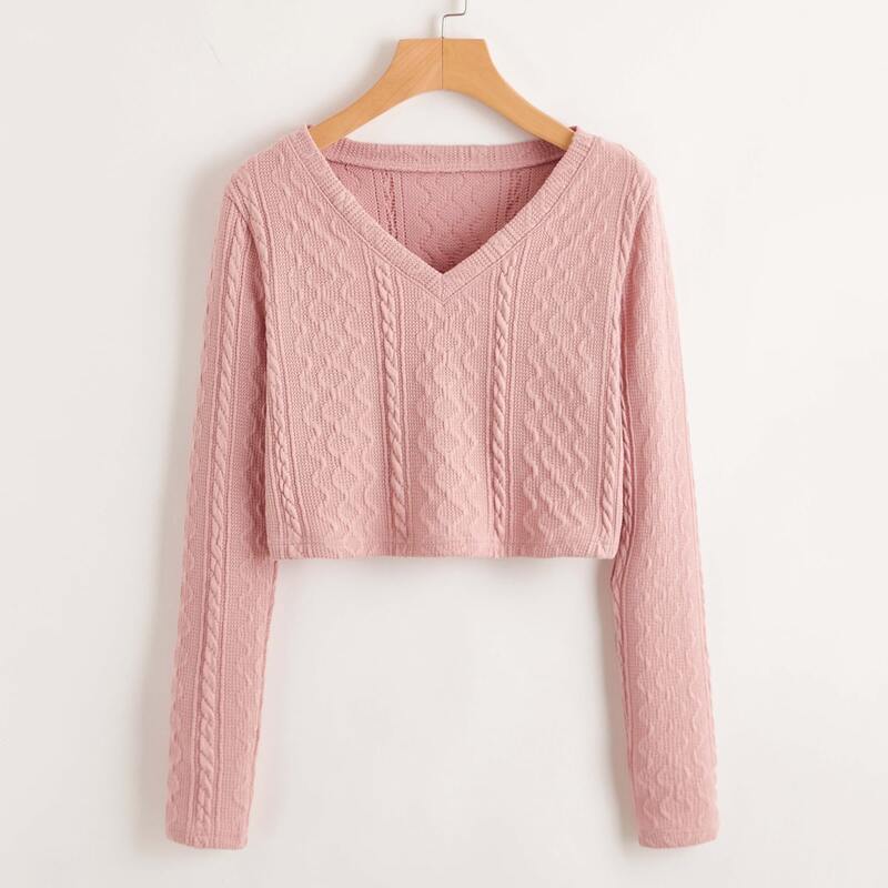 

Solid Cable Knit Crop Sweater, Dusty pink