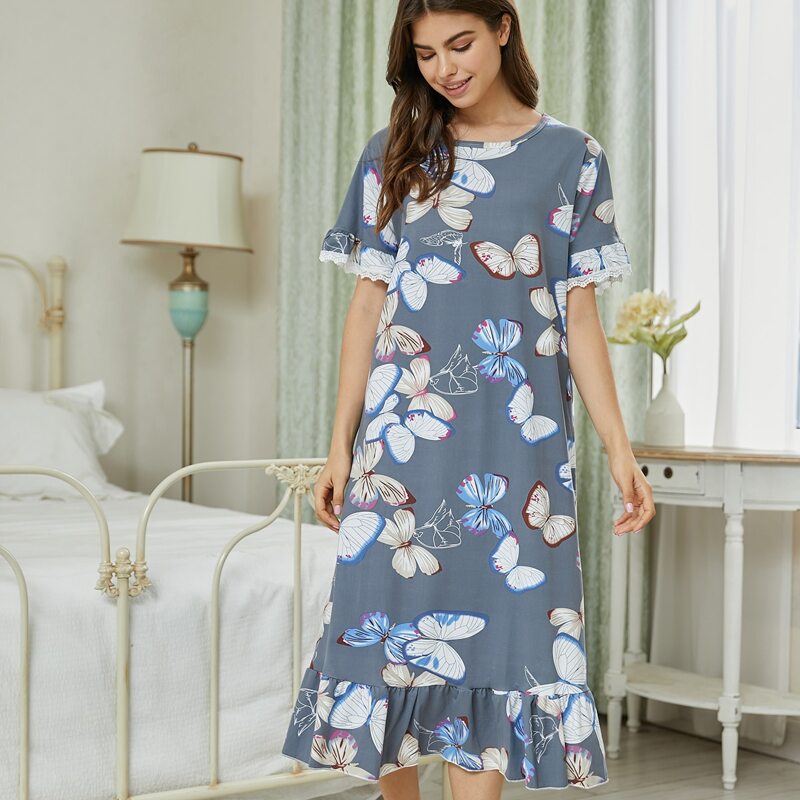 

Lace Trim Butterfly Print Ruffle Hem Night Dress, Dusty blue