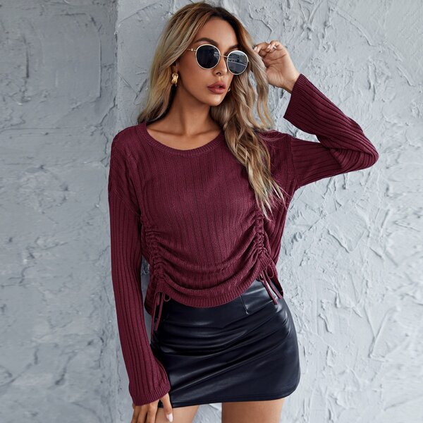 

Drawstring Front Rib-knit Solid Sweater, Maroon