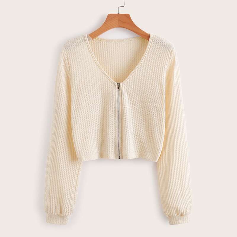 

Solid Zip Up Waffle Cardigan, Beige