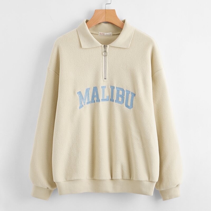 

Letter Embroidery Half Zip Sweatshirt, Apricot