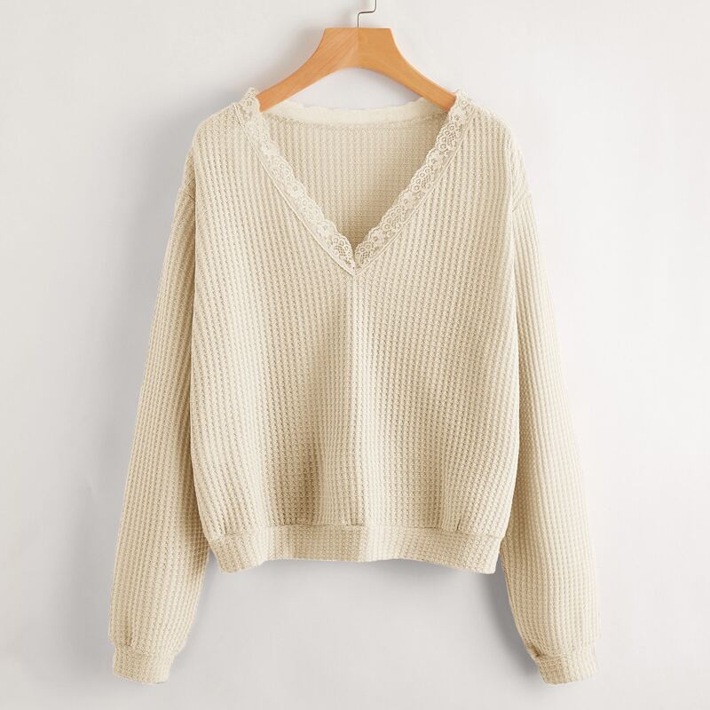 

Solid Lace Trim Waffle Knit Sweater, Beige