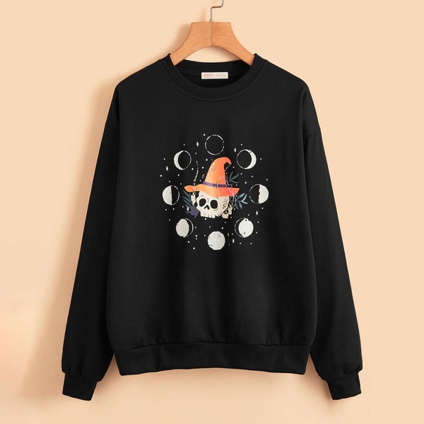 

Halloween Skull Graphic Sweatshirt, Black