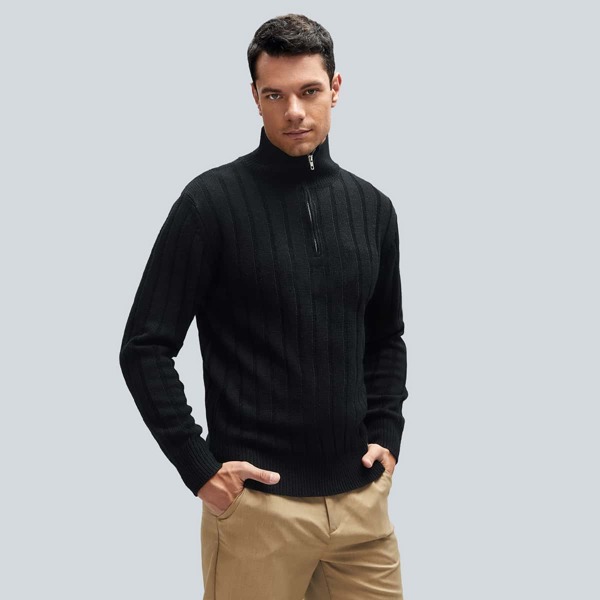 

Men Quarter Zipper High Neck Sweater, Black