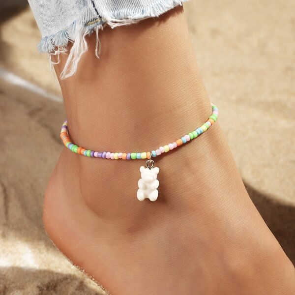 

Toddler Girls Bear Charm Beaded Anklet, White