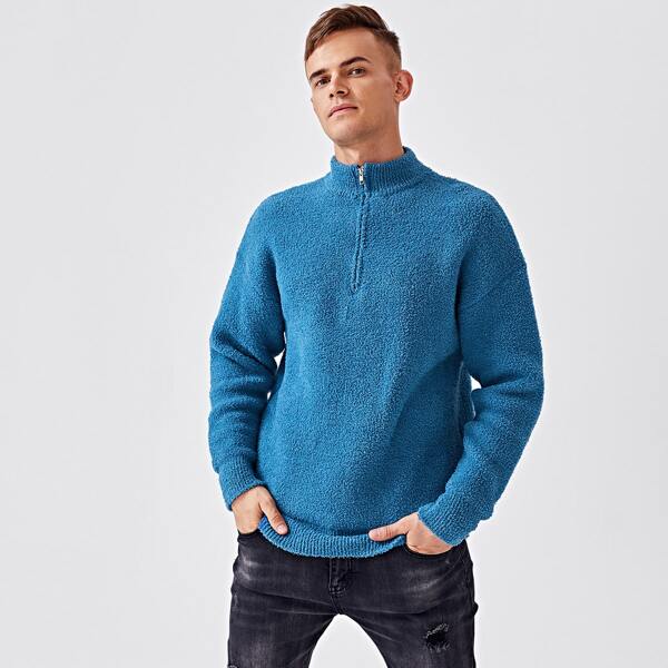 

Men Funnel Neck Zip Half Sweater, Blue