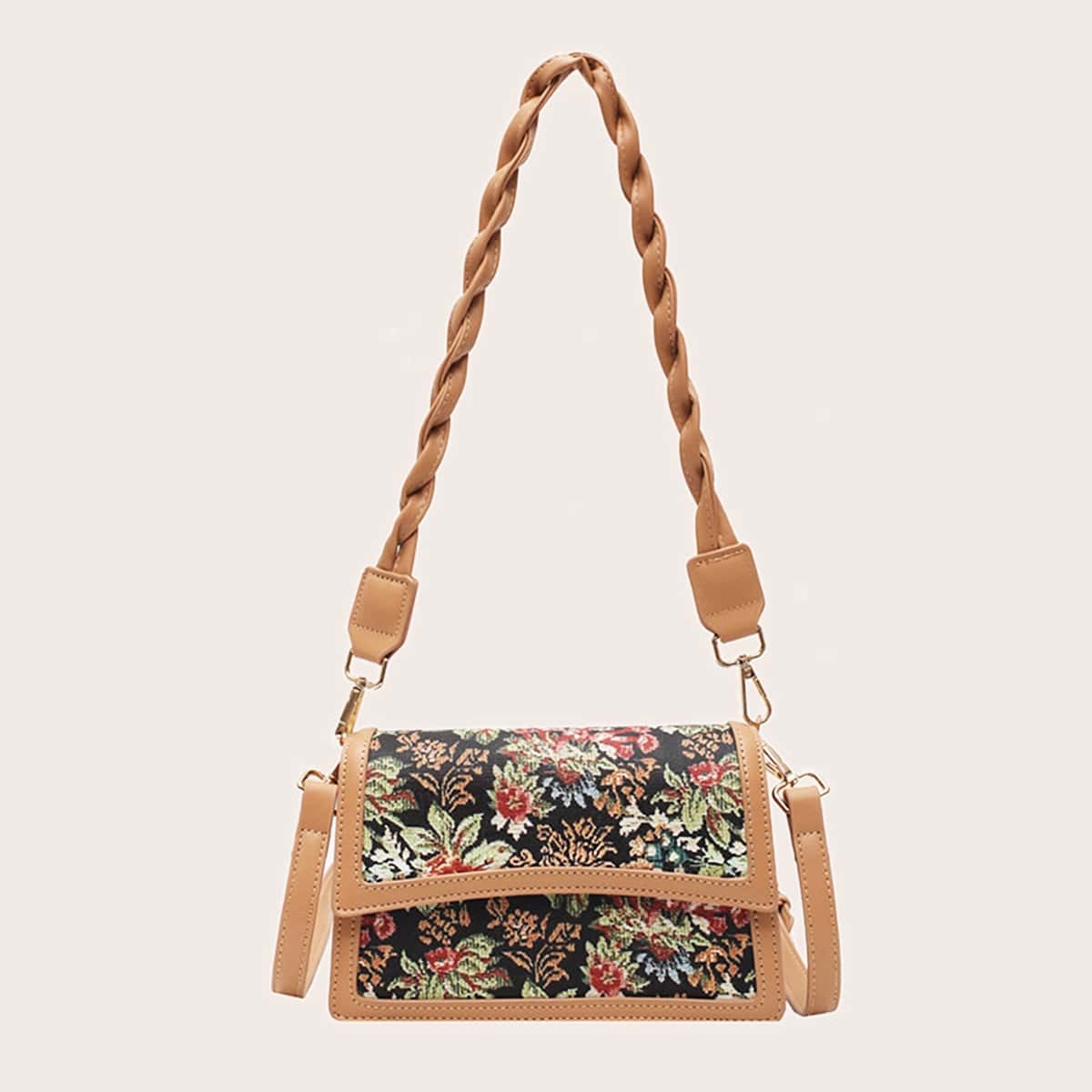 

Floral Pattern Flap Shoulder Bag, Brown