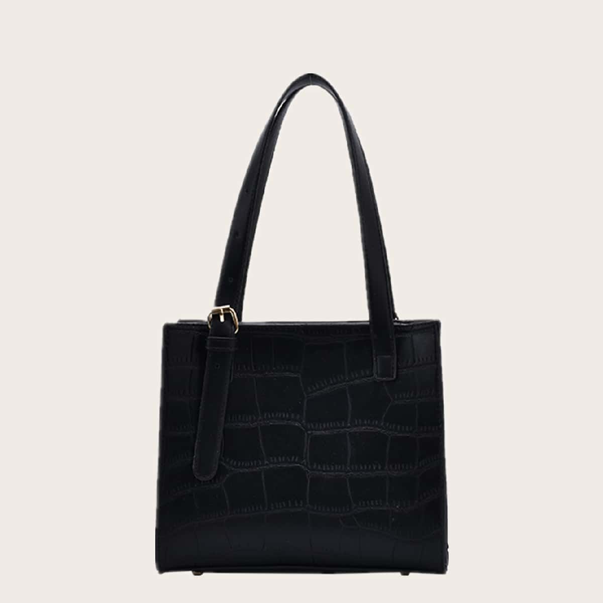 

Croc Embossed Double Handle Satchel Bag, Black