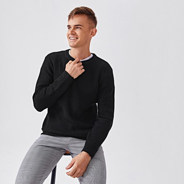 

Men Ripped Rib-knit Sweater, Black