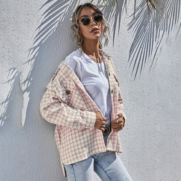 

Tweed Plaid Flap Pockets Overshirt, Multicolor
