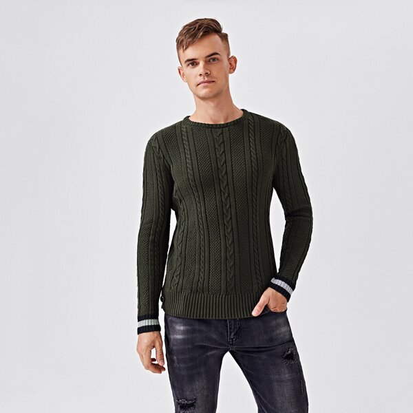 

Men Cable Knit Crew Neck Sweater, Dark green