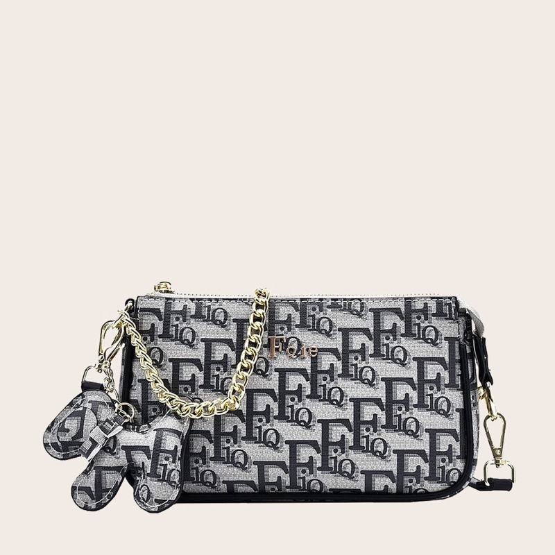 

Allover Letter Graphic Baguette Bag, Black