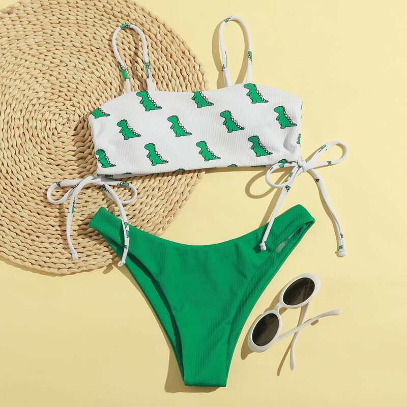 

Dinosaur Print Drawstring Side Bikini Swimsuit, Multicolor