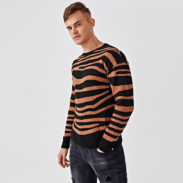 

Men Zebra Striped Drop Shoulder Sweater, Multicolor