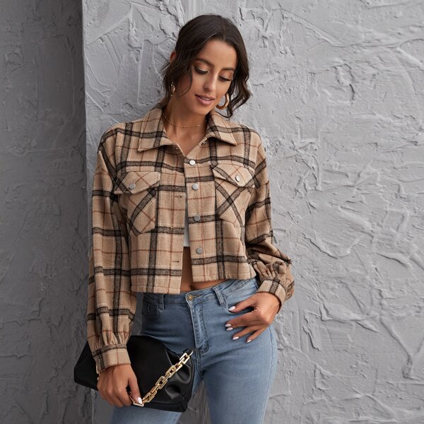 

Flap Pocket Patched Button Up Tartan Jacket, Multicolor