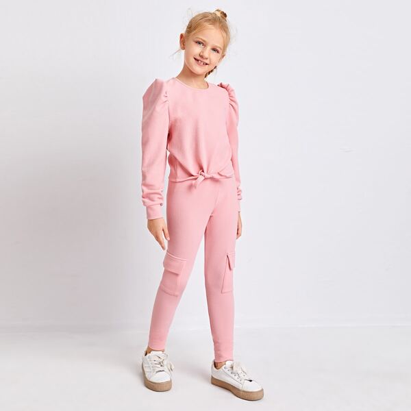 

Girls Tie Hem Gigot Sleeve Top and Flap Pocket Side Leggings Set, Baby pink