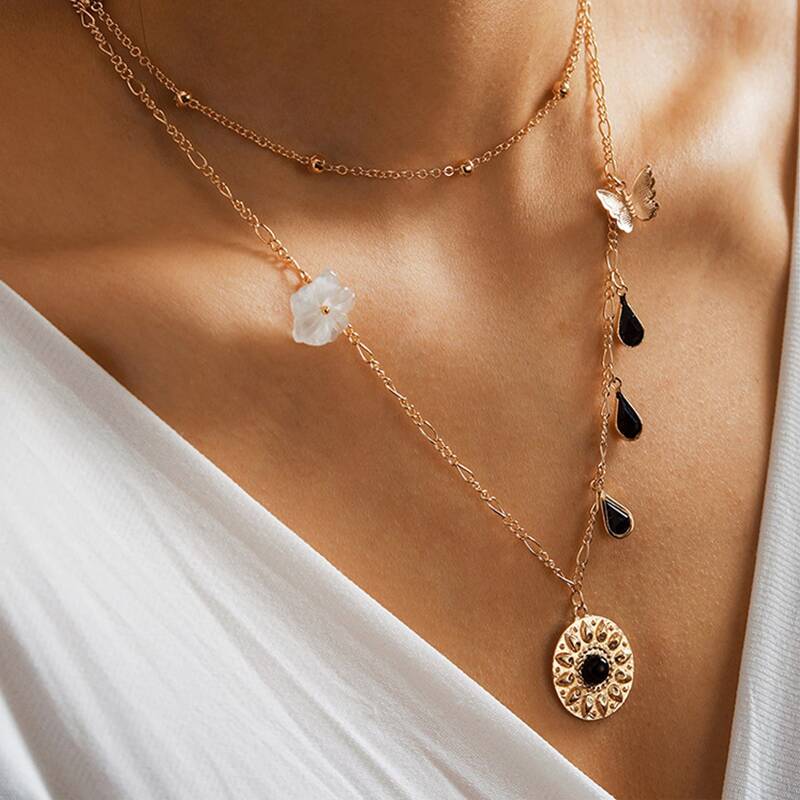 

Floral & Coin Layered Necklace, Gold
