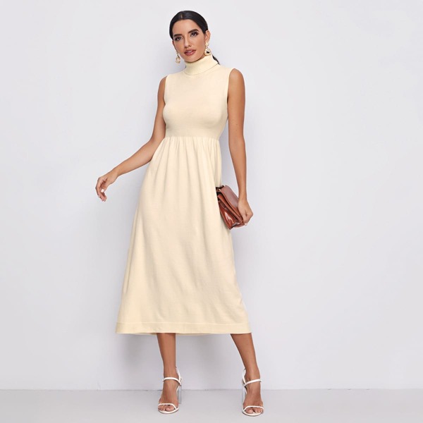 

Funnel Neck Sleeveless Sweater Dress, Beige