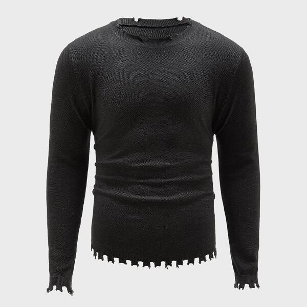 

Men Distressed Trim Solid Sweater, Black