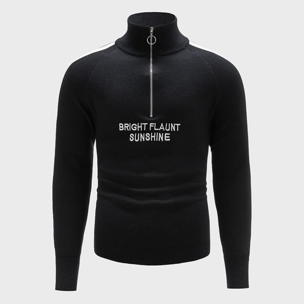 

Men Zip Half Letter Pattern Sweater, Black