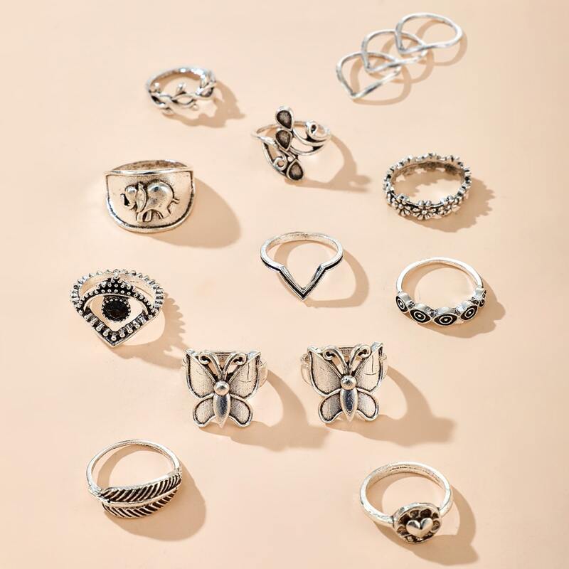

14pcs Butterfly & Elephant Ring, Silver