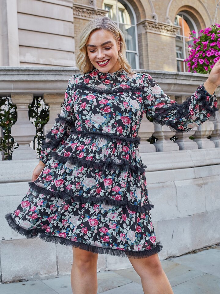 Our Plus Floral Print Layered Dress is such a vibe - ROMWE