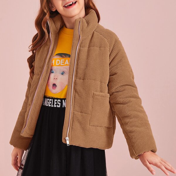 

Girls Pocket Front Cord Puffer Jacket, Brown