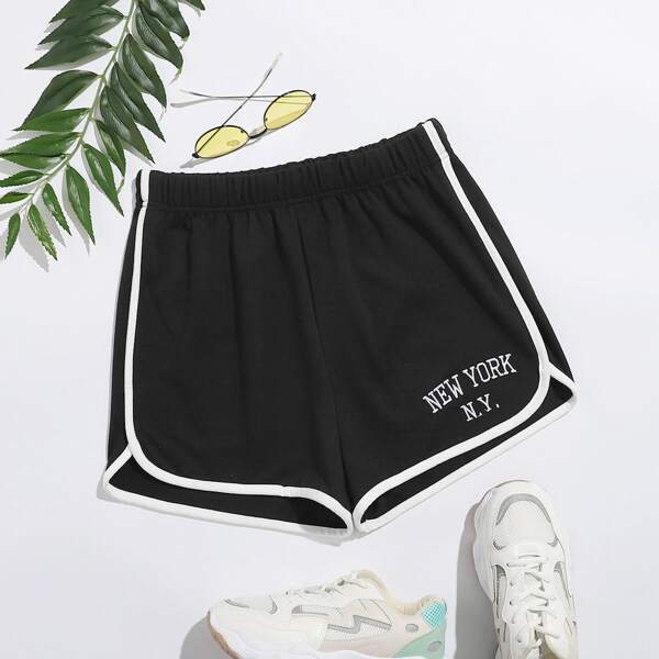 

Contrast Binding Letter Embroidery Dolphin Shorts, Black