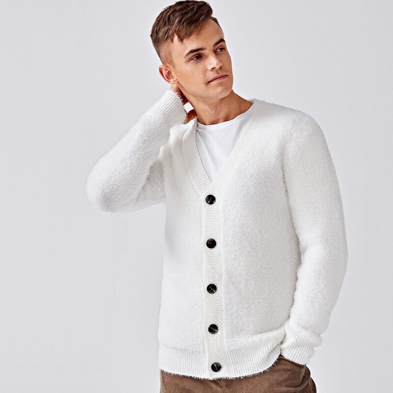 

Guys Solid Button Up Fuzzy Cardigan, White