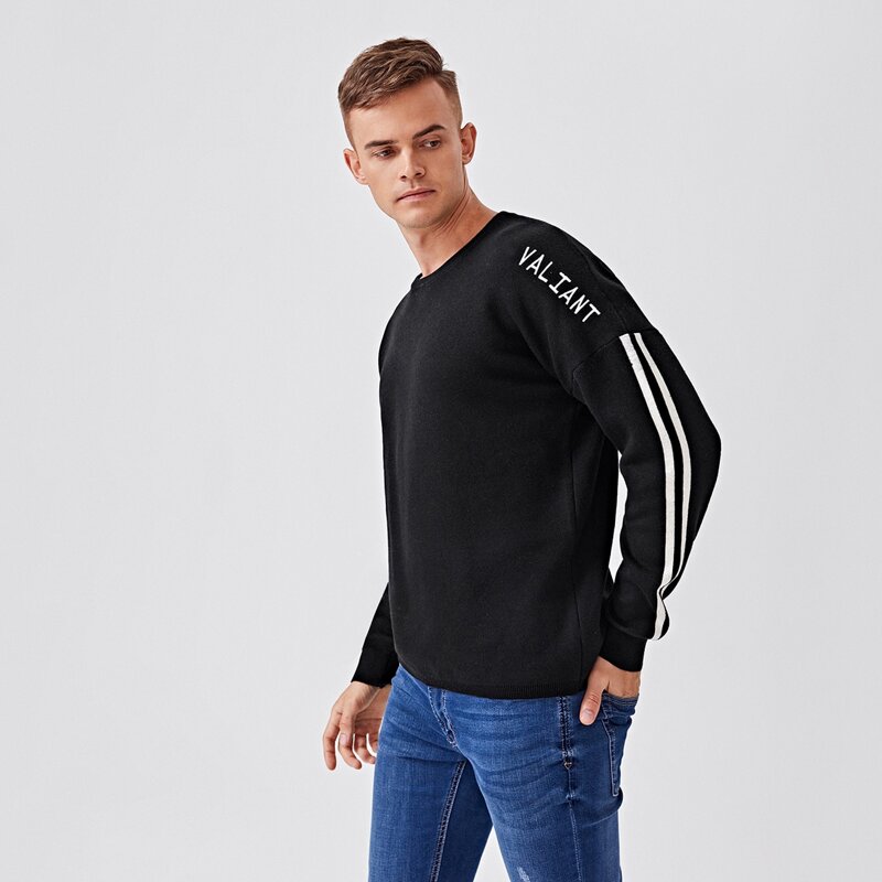 

Guys Letter Embroidery Side Striped Sweater, Black