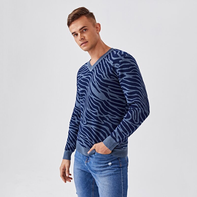

Guys Zebra Striped V-neck Sweater, Blue