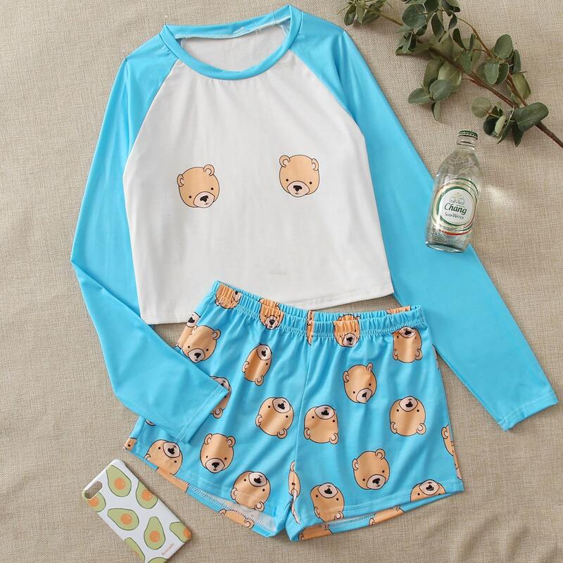 

Cartoon Bear Tee & Shorts PJ Set, Multicolor