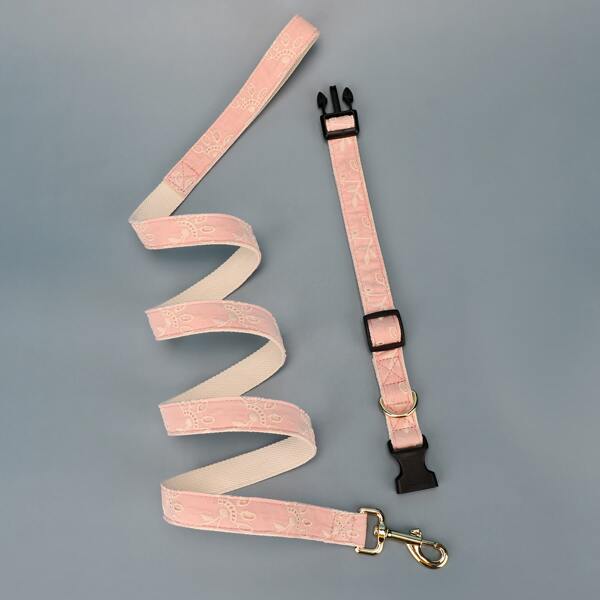 

1pc Flower Embroidered Dog Collar & 1pc Dog Leash, Pink