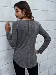 SHEIN LUNE Marled Knit Button-Back Detailing Curved Tee - Dark Grey - View 1