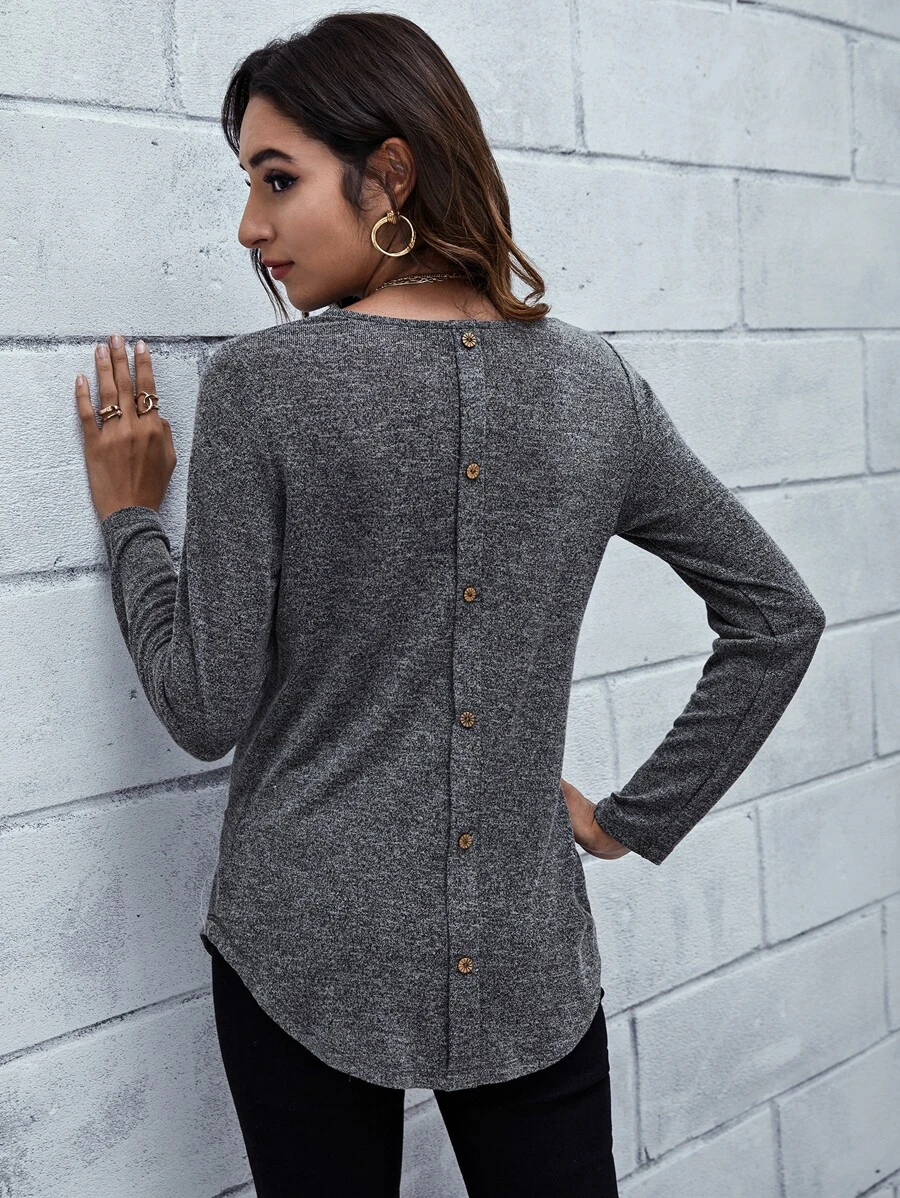 SHEIN LUNE Marled Knit Button-Back Detailing Curved Tee - Dark Grey - View 1
